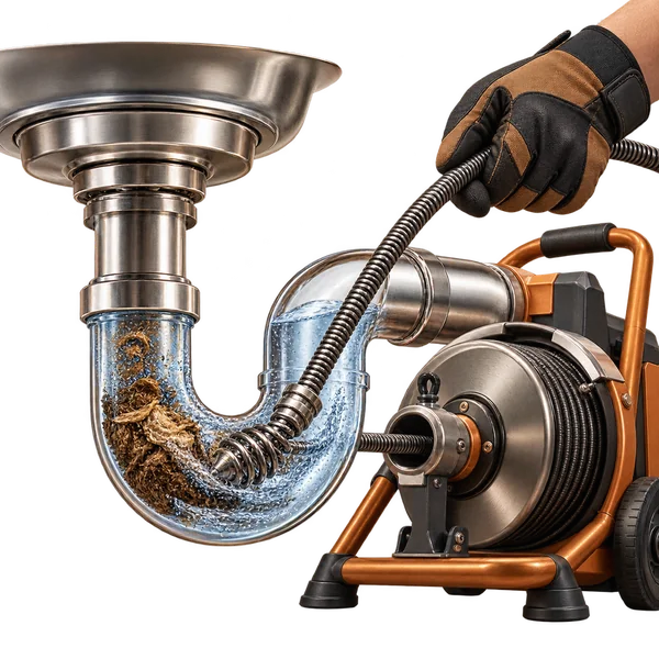 Drain cleaning machine clearing a blocked plumbing pipe