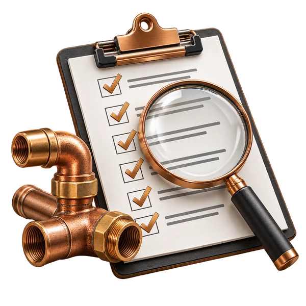Professional plumbing inspection checklist and magnifying glass