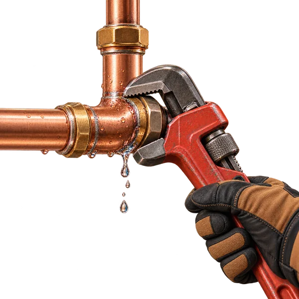Professional water leak repair with pipe wrench and copper pipe