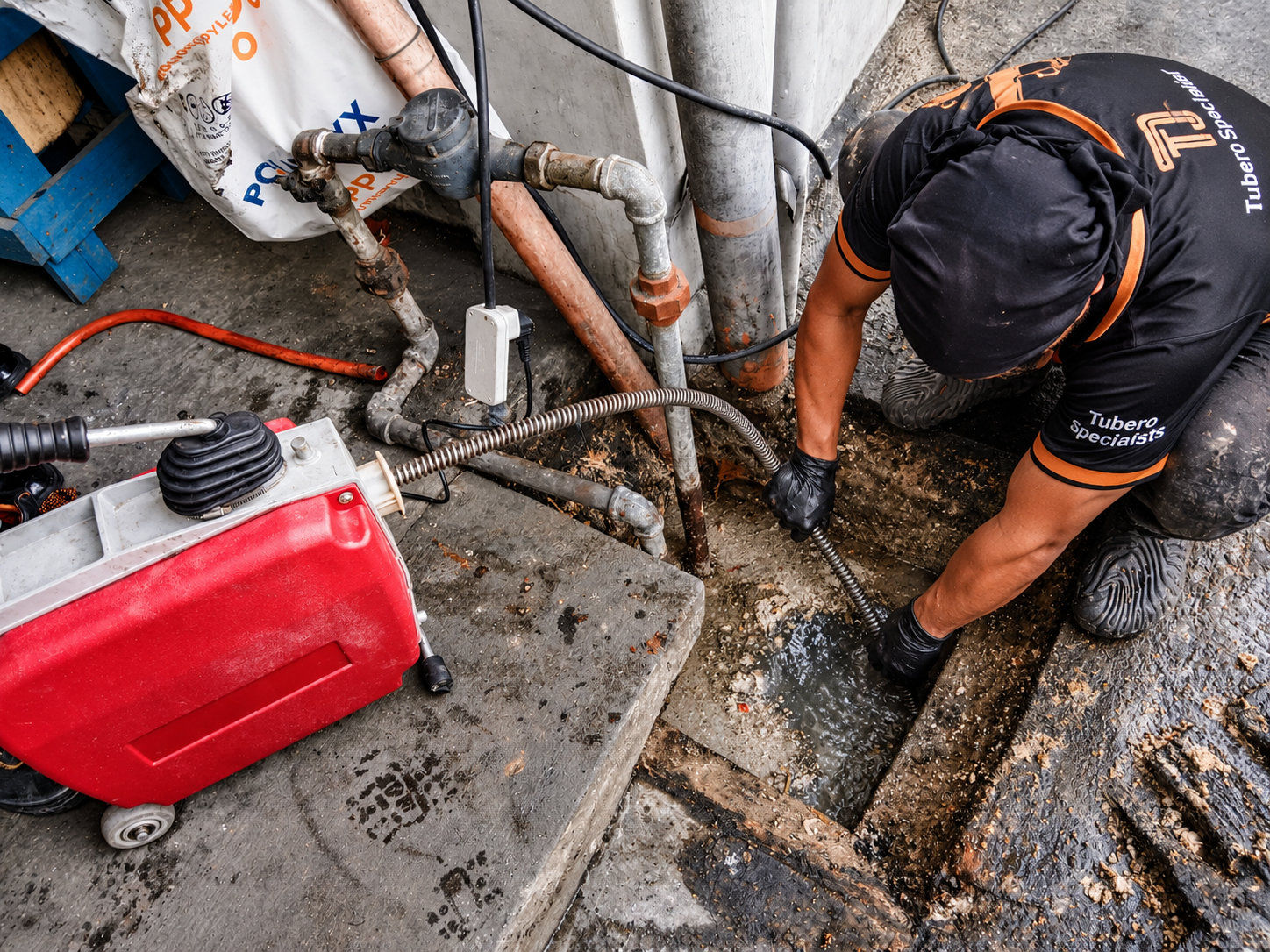 Tubero Specialists performing professional drainage cleaning and declogging work