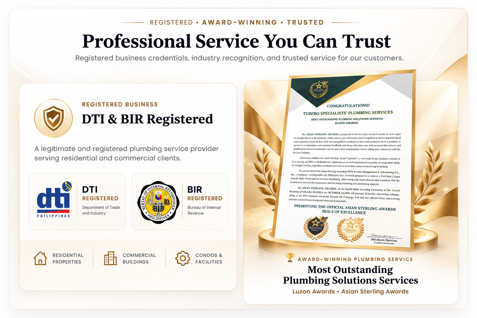 Tubero Specialists - DTI and BIR Registered and recognized as Most Outstanding Plumbing Solutions Services, Luzon Awards, Asian Sterling Awards