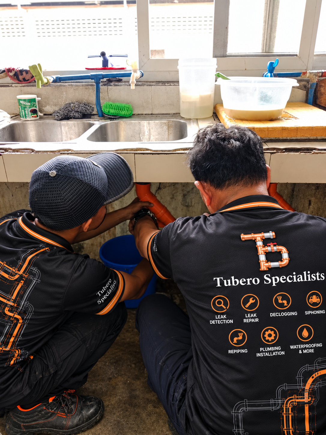 Tubero Specialists plumbers inspecting sink drainage pipes during a professional plumbing assessment